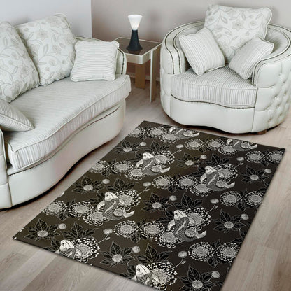 Koi Carp And Chrysanthemum Pattern Print Area Rug