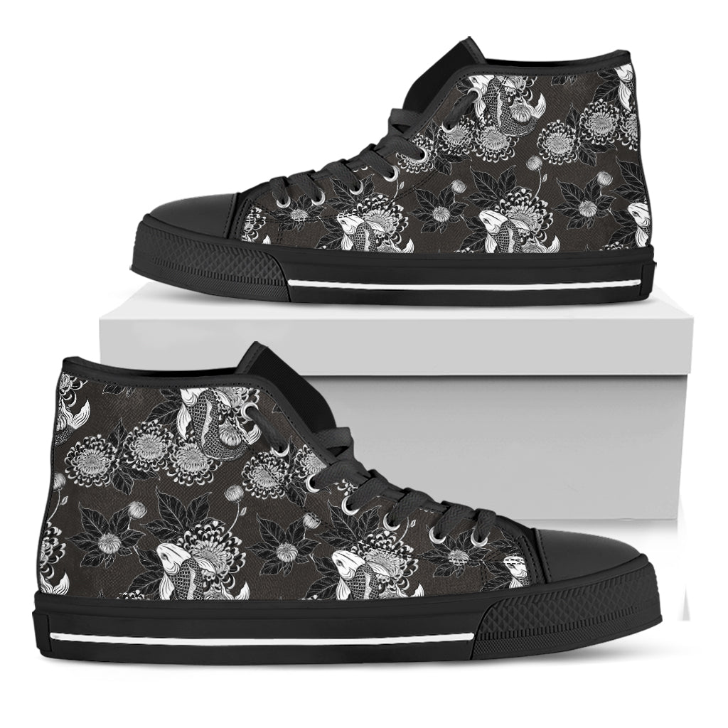 Koi Carp And Chrysanthemum Pattern Print Black High Top Shoes