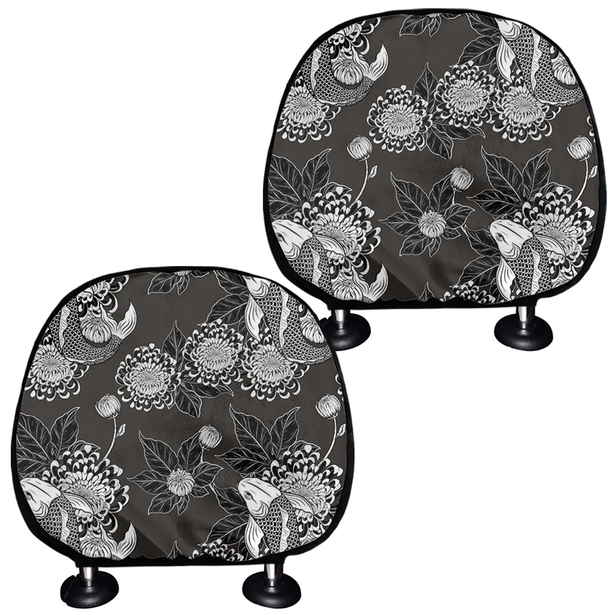 Koi Carp And Chrysanthemum Pattern Print Car Headrest Covers