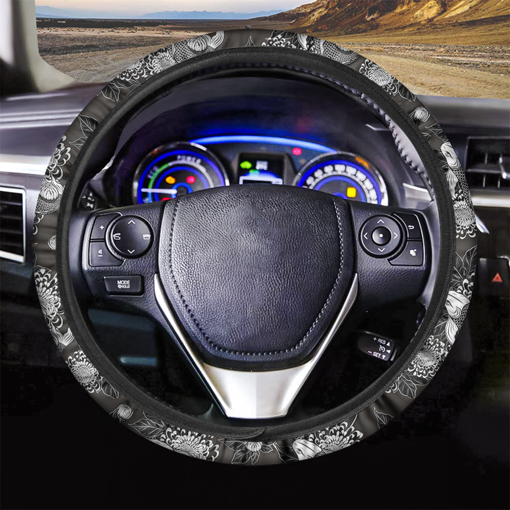 Koi Carp And Chrysanthemum Pattern Print Car Steering Wheel Cover