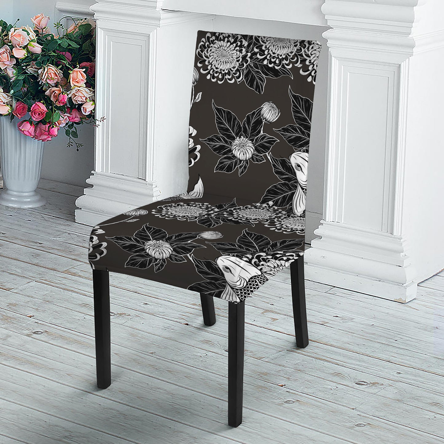 Koi Carp And Chrysanthemum Pattern Print Dining Chair Slipcover