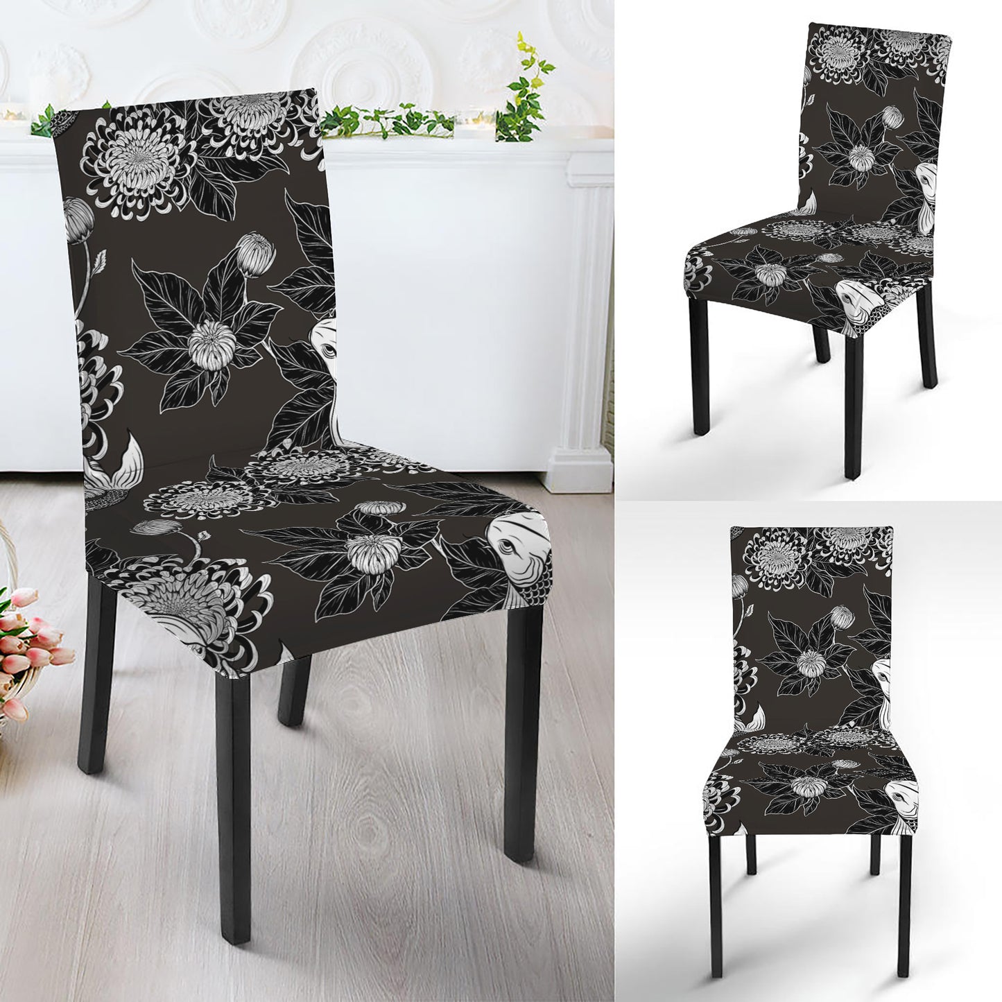 Koi Carp And Chrysanthemum Pattern Print Dining Chair Slipcover