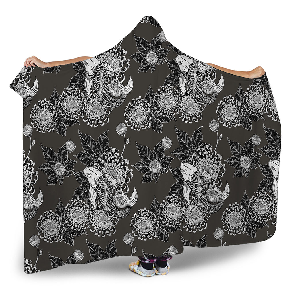 Koi Carp And Chrysanthemum Pattern Print Hooded Blanket