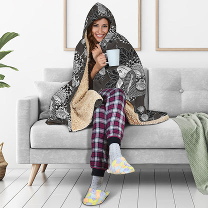 Koi Carp And Chrysanthemum Pattern Print Hooded Blanket