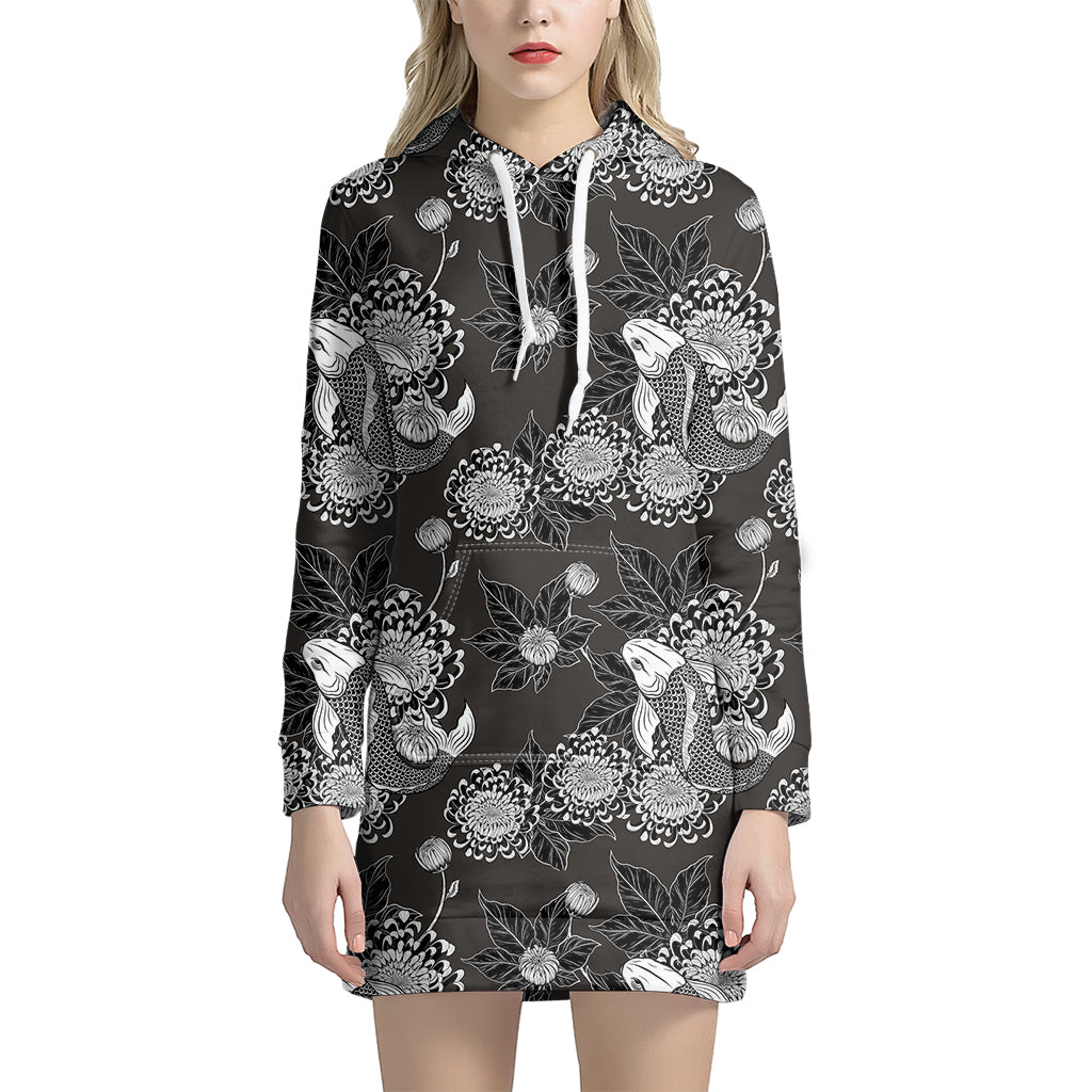 Koi Carp And Chrysanthemum Pattern Print Hoodie Dress