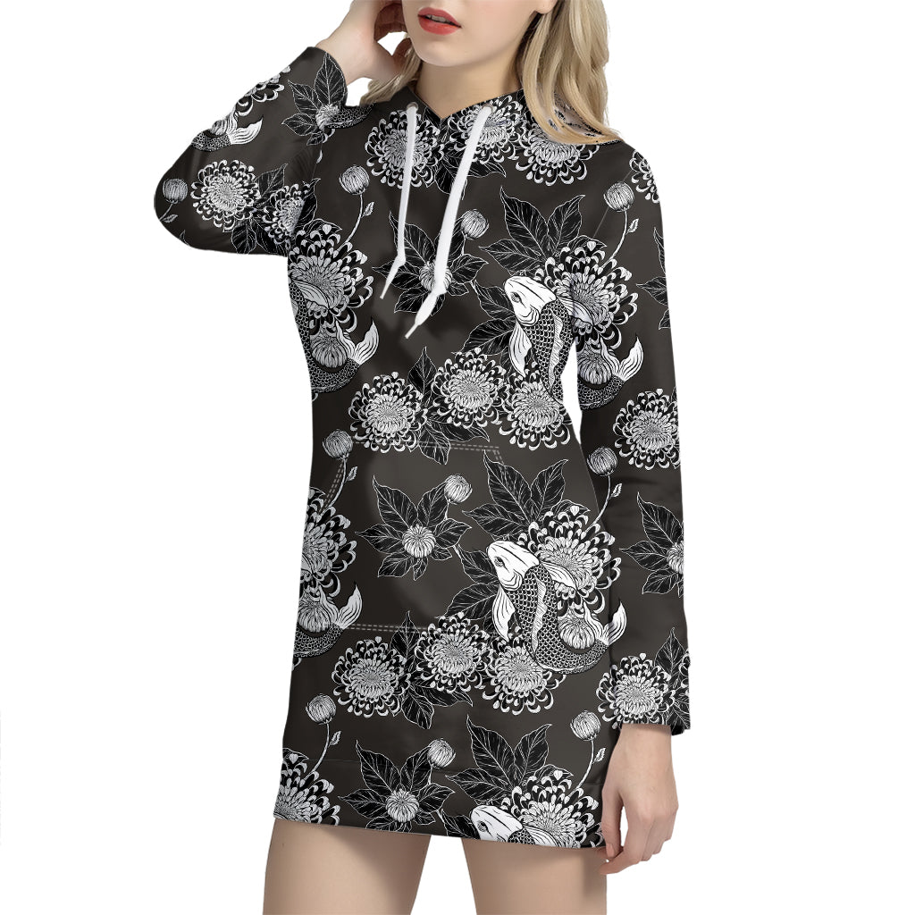 Koi Carp And Chrysanthemum Pattern Print Hoodie Dress