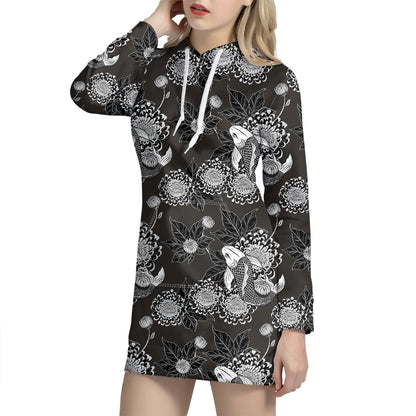 Koi Carp And Chrysanthemum Pattern Print Hoodie Dress