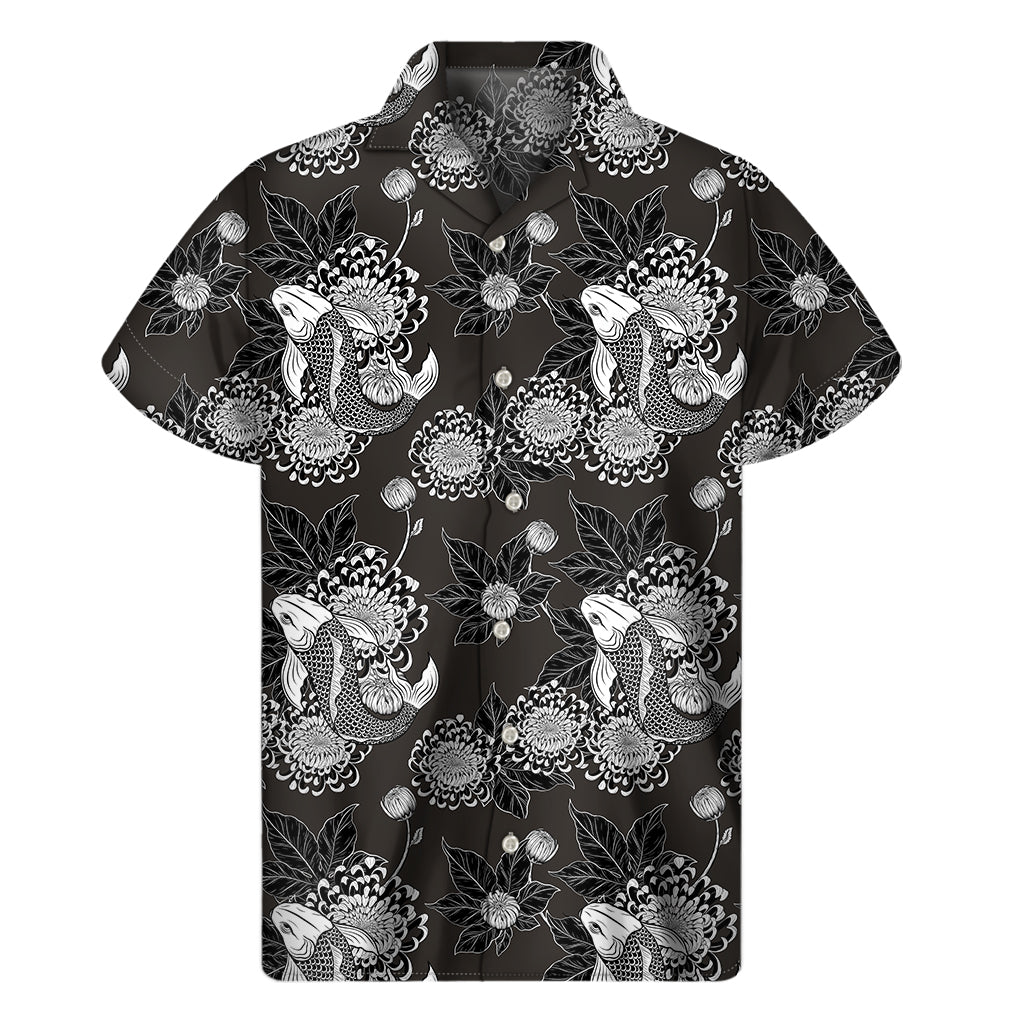 Koi Carp And Chrysanthemum Pattern Print Men's Short Sleeve Shirt
