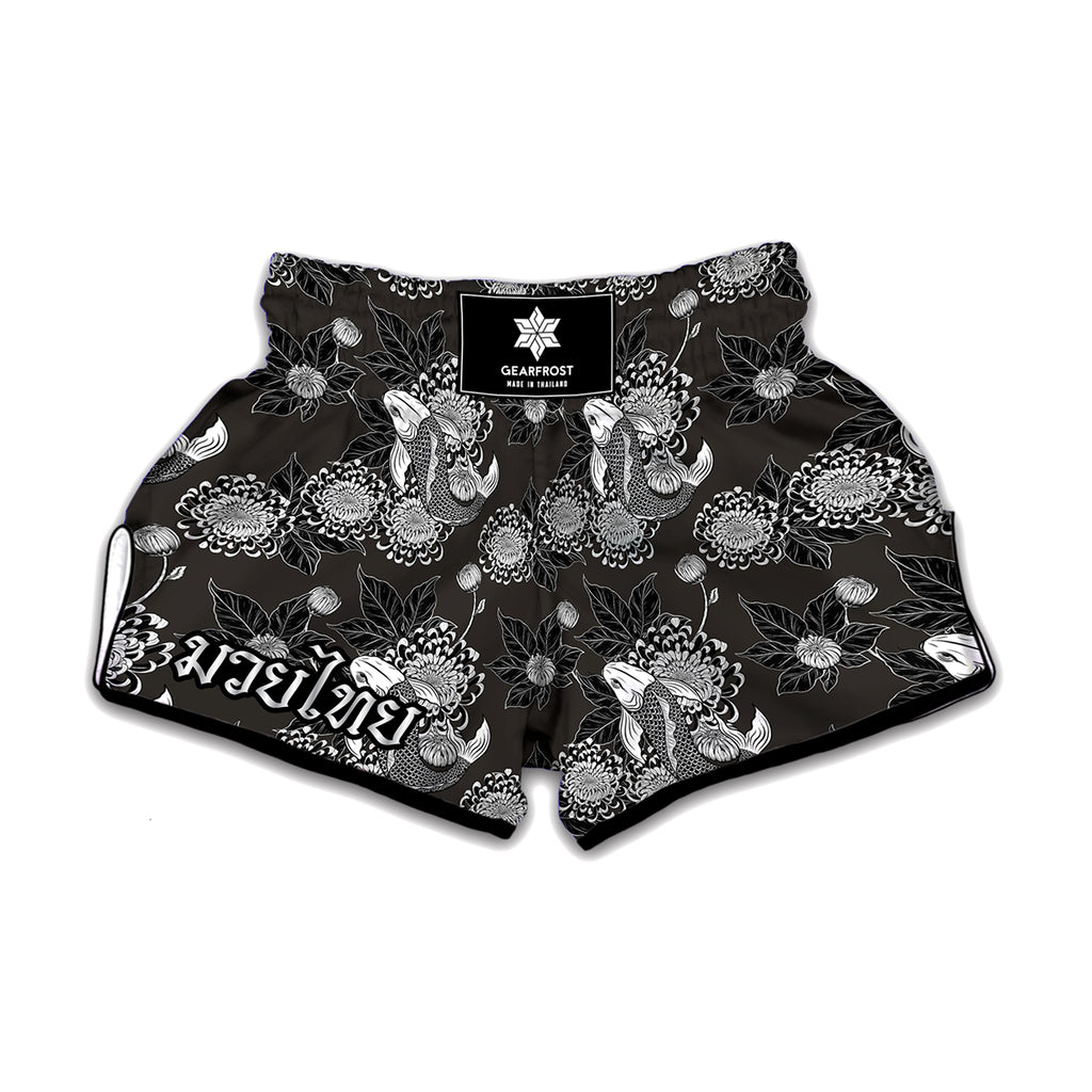 Koi Carp And Chrysanthemum Pattern Print Muay Thai Boxing Shorts