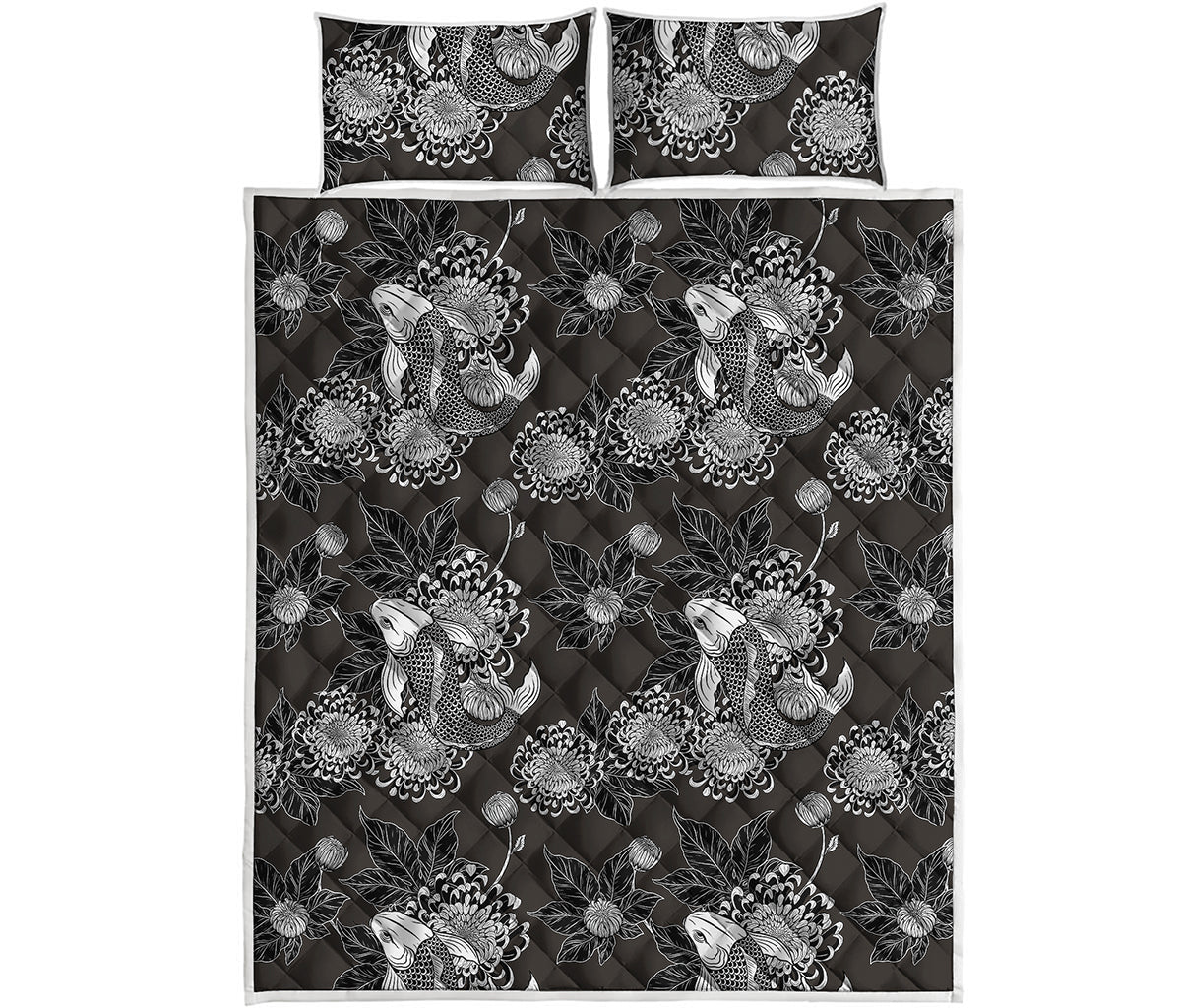 Koi Carp And Chrysanthemum Pattern Print Quilt Bed Set
