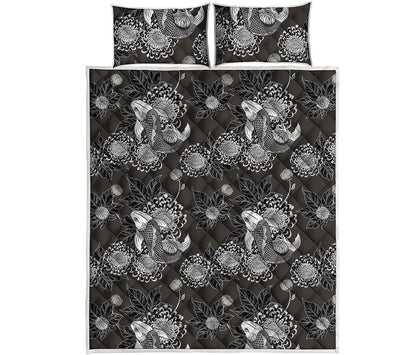 Koi Carp And Chrysanthemum Pattern Print Quilt Bed Set