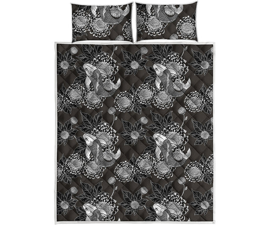 Koi Carp And Chrysanthemum Pattern Print Quilt Bed Set