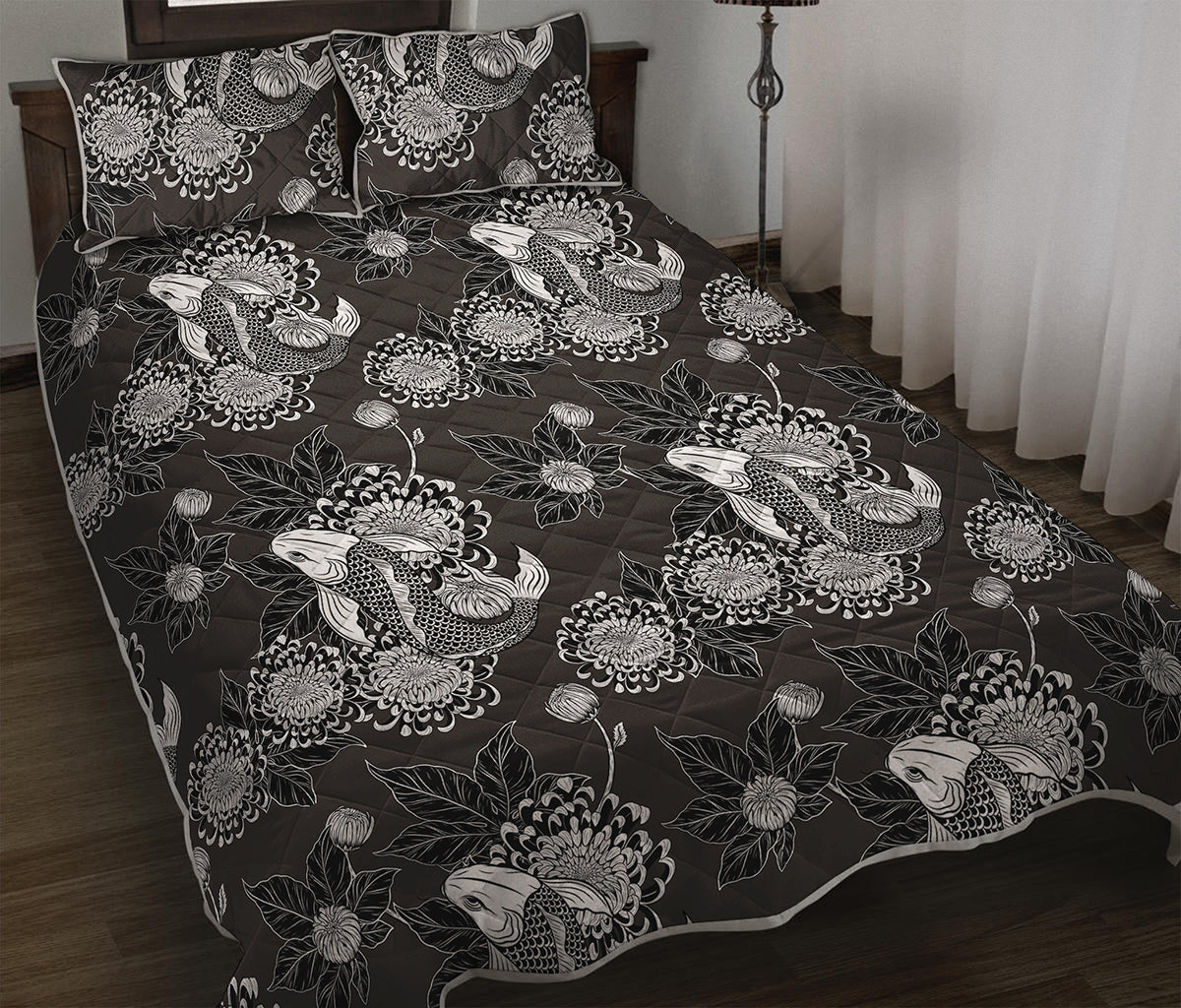 Koi Carp And Chrysanthemum Pattern Print Quilt Bed Set