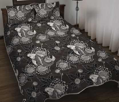 Koi Carp And Chrysanthemum Pattern Print Quilt Bed Set