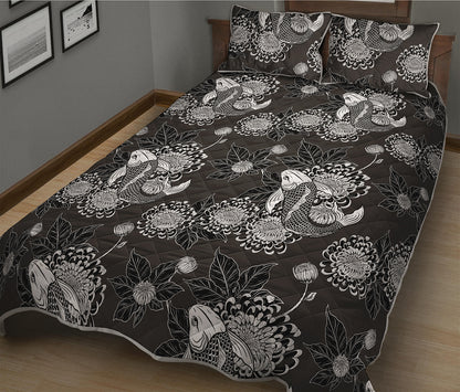 Koi Carp And Chrysanthemum Pattern Print Quilt Bed Set