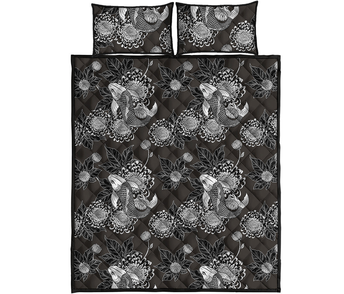 Koi Carp And Chrysanthemum Pattern Print Quilt Bed Set