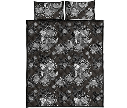 Koi Carp And Chrysanthemum Pattern Print Quilt Bed Set