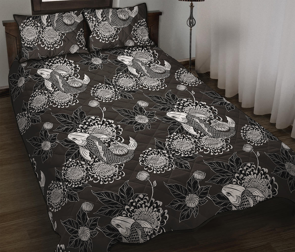 Koi Carp And Chrysanthemum Pattern Print Quilt Bed Set