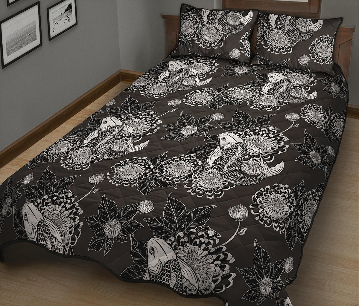 Koi Carp And Chrysanthemum Pattern Print Quilt Bed Set