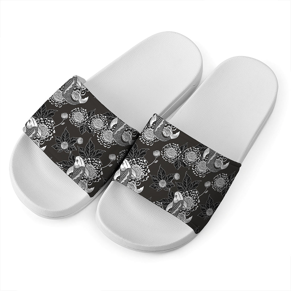 Koi Carp And Chrysanthemum Pattern Print White Slide Sandals
