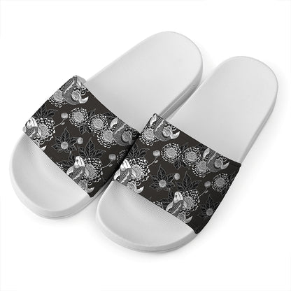 Koi Carp And Chrysanthemum Pattern Print White Slide Sandals
