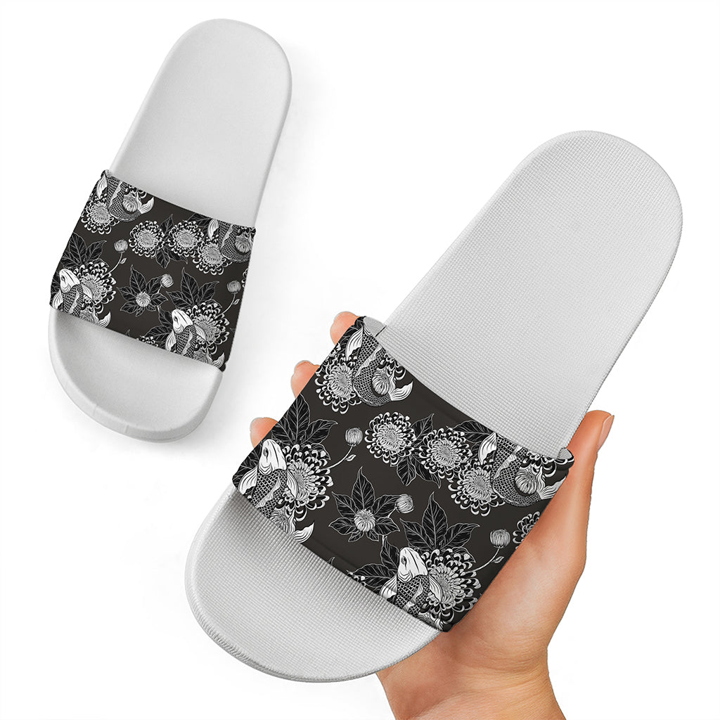 Koi Carp And Chrysanthemum Pattern Print White Slide Sandals