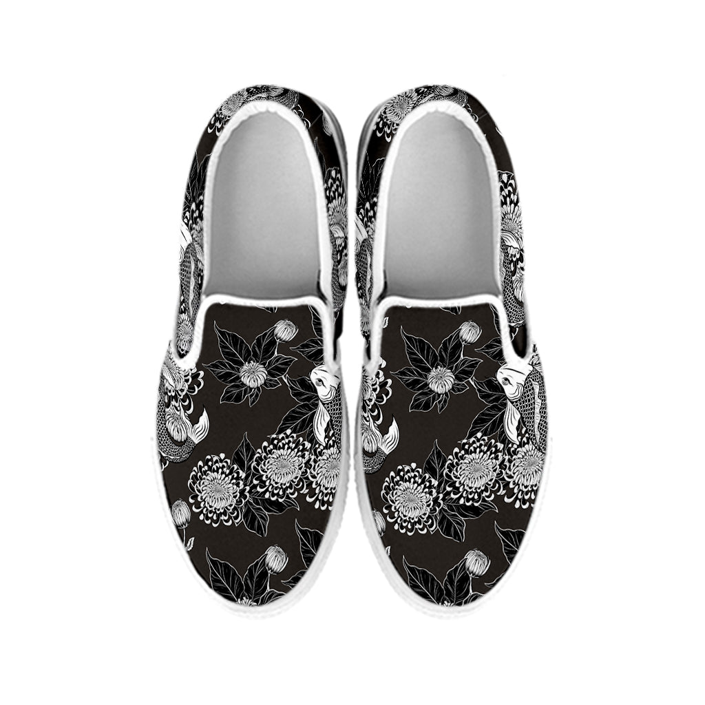 Koi Carp And Chrysanthemum Pattern Print White Slip On Shoes