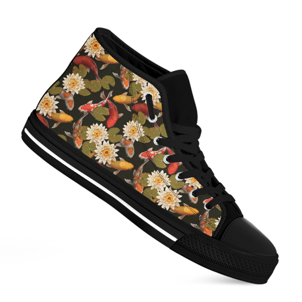 Koi Carp And Lotus Pattern Print Black High Top Shoes