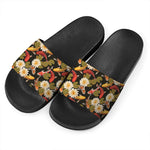 Koi Carp And Lotus Pattern Print Black Slide Sandals