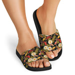 Koi Carp And Lotus Pattern Print Black Slide Sandals