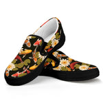 Koi Carp And Lotus Pattern Print Black Slip On Shoes