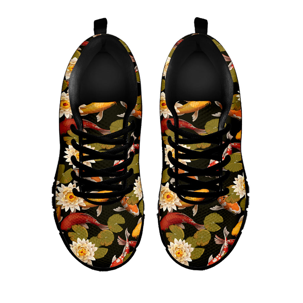 Koi Carp And Lotus Pattern Print Black Sneakers