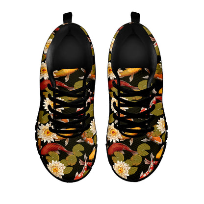 Koi Carp And Lotus Pattern Print Black Sneakers
