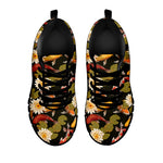 Koi Carp And Lotus Pattern Print Black Sneakers