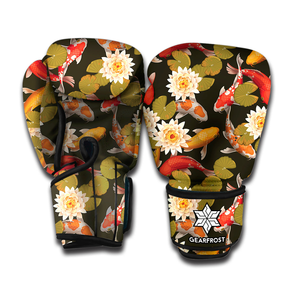 Koi Carp And Lotus Pattern Print Boxing Gloves