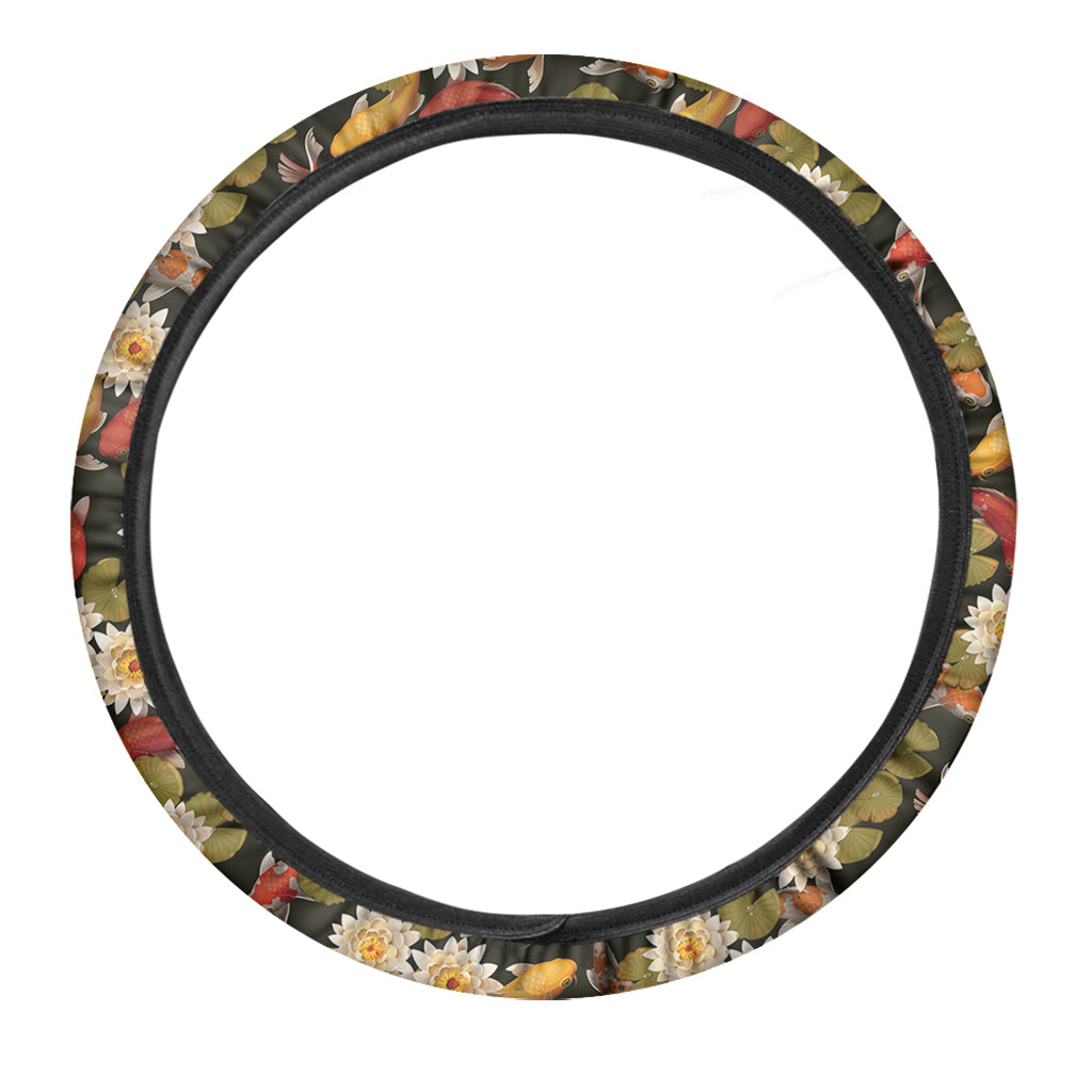 Koi Carp And Lotus Pattern Print Car Steering Wheel Cover
