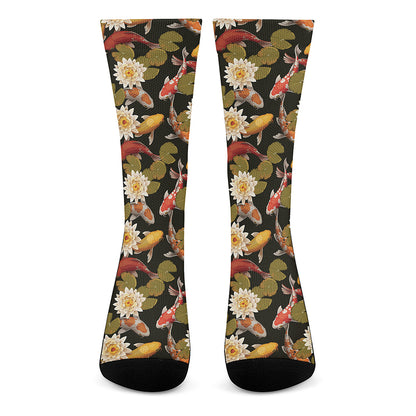 Koi Carp And Lotus Pattern Print Crew Socks