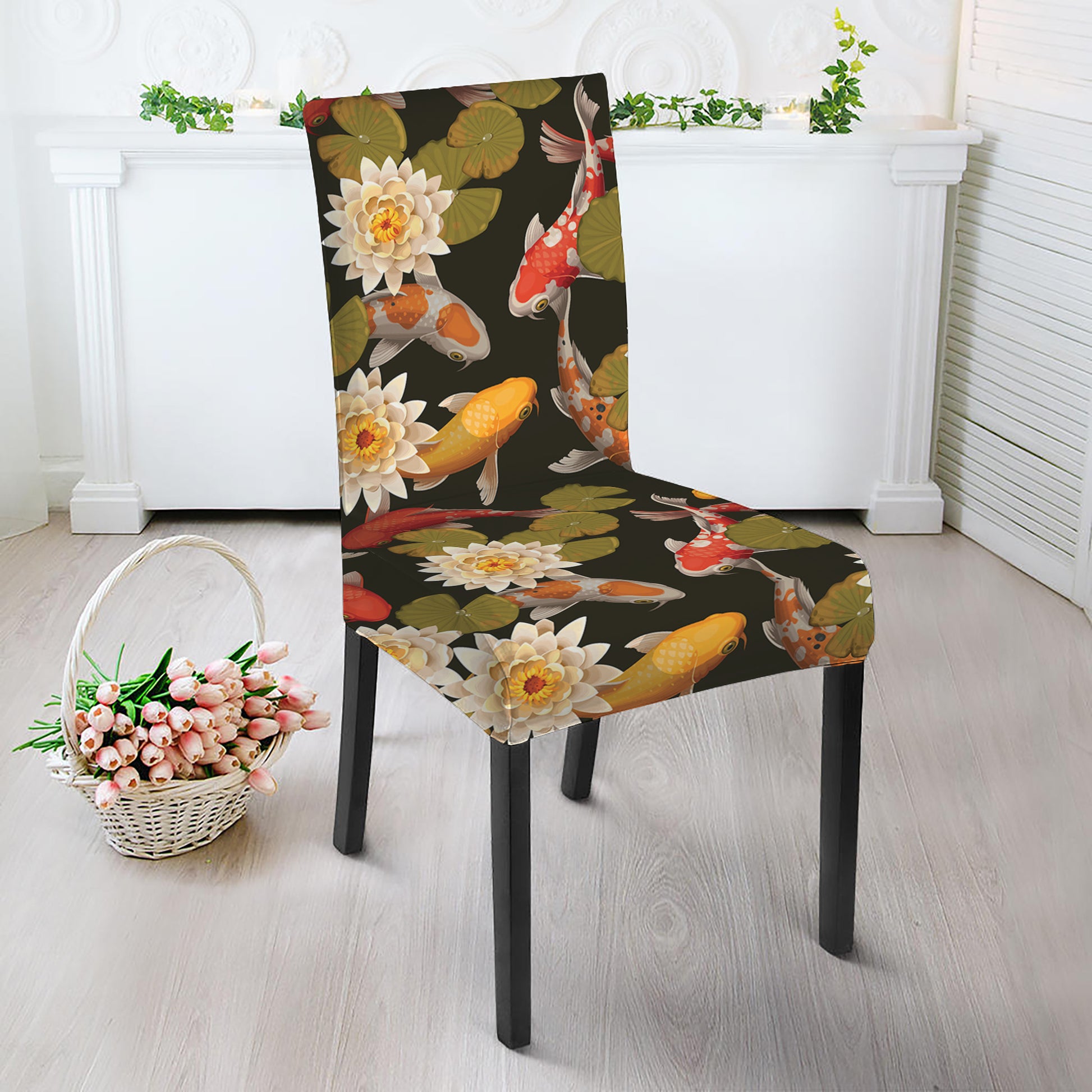 Koi Carp And Lotus Pattern Print Dining Chair Slipcover