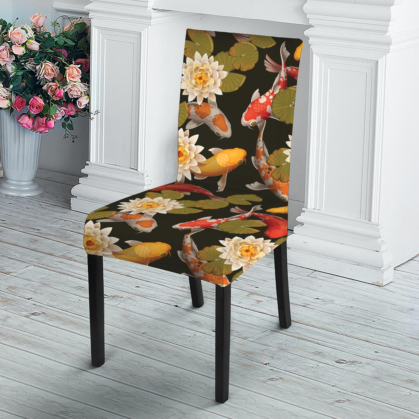 Koi Carp And Lotus Pattern Print Dining Chair Slipcover