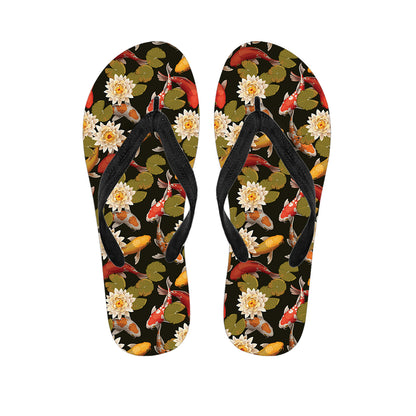 Koi Carp And Lotus Pattern Print Flip Flops