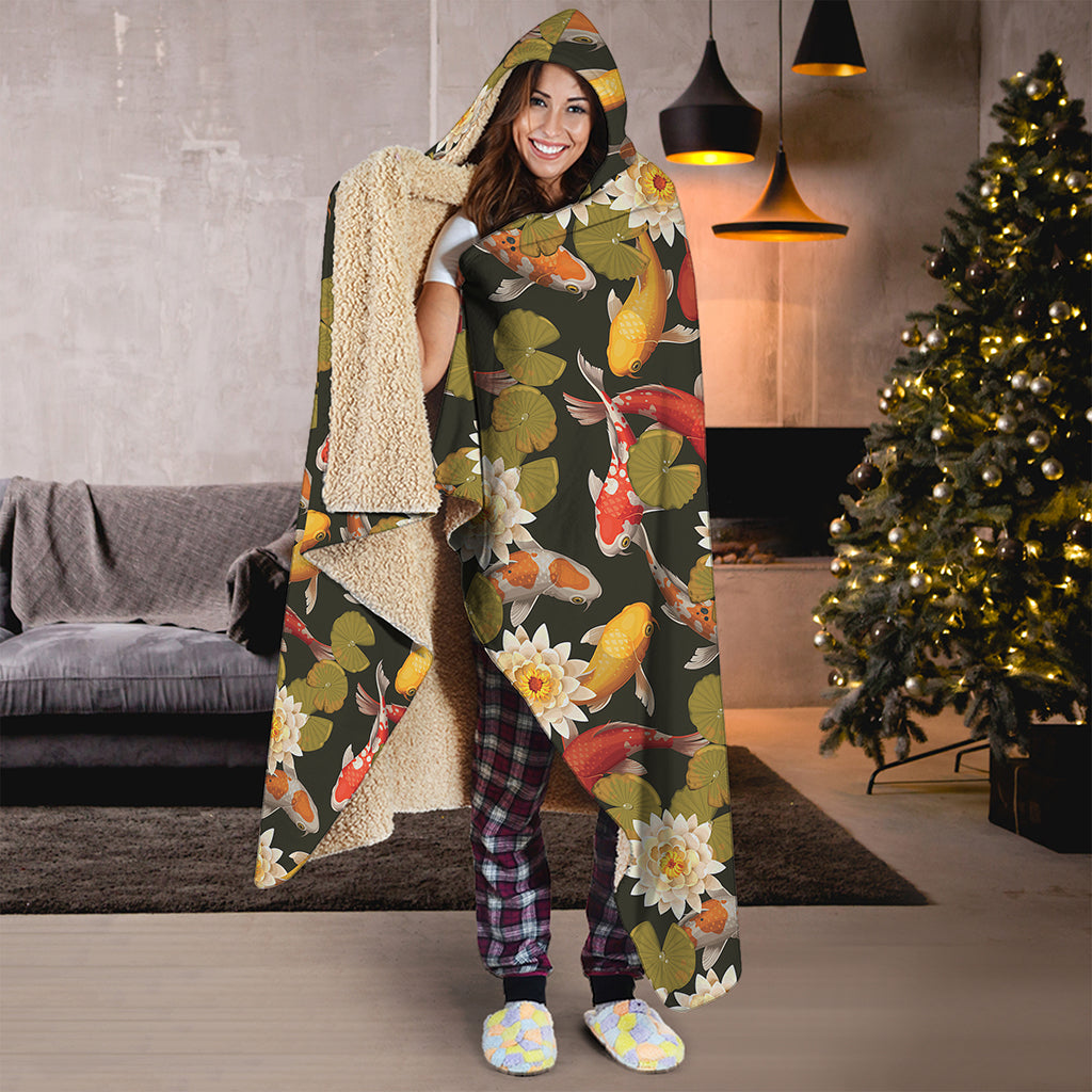 Koi Carp And Lotus Pattern Print Hooded Blanket