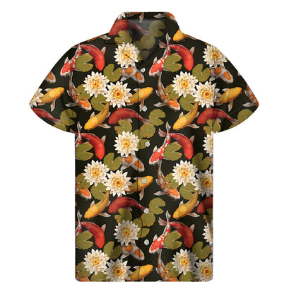 Koi Carp And Lotus Pattern Print Men's Short Sleeve Shirt