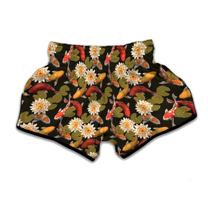 Koi Carp And Lotus Pattern Print Muay Thai Boxing Shorts