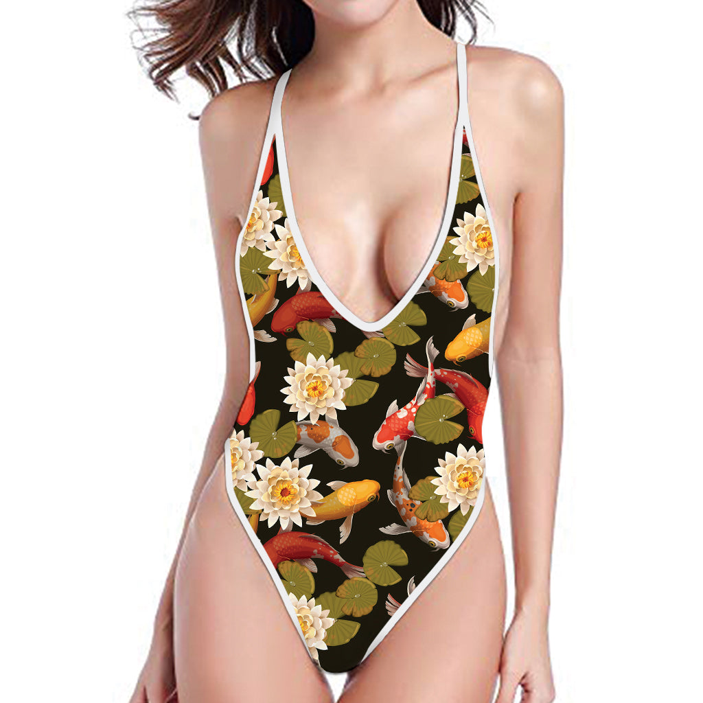 Koi Carp And Lotus Pattern Print One Piece High Cut Swimsuit