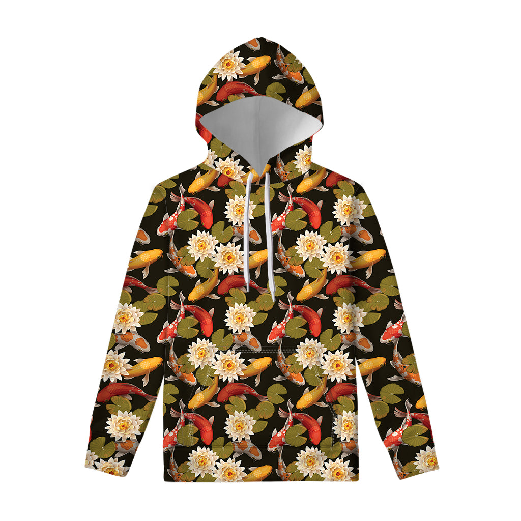 Koi Carp And Lotus Pattern Print Pullover Hoodie