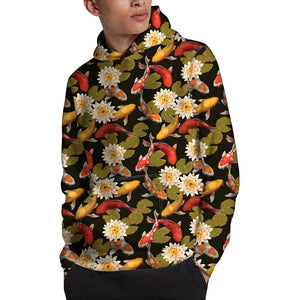 Koi Carp And Lotus Pattern Print Pullover Hoodie