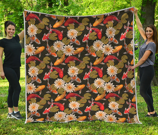 Koi Carp And Lotus Pattern Print Quilt