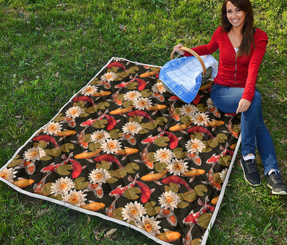 Koi Carp And Lotus Pattern Print Quilt