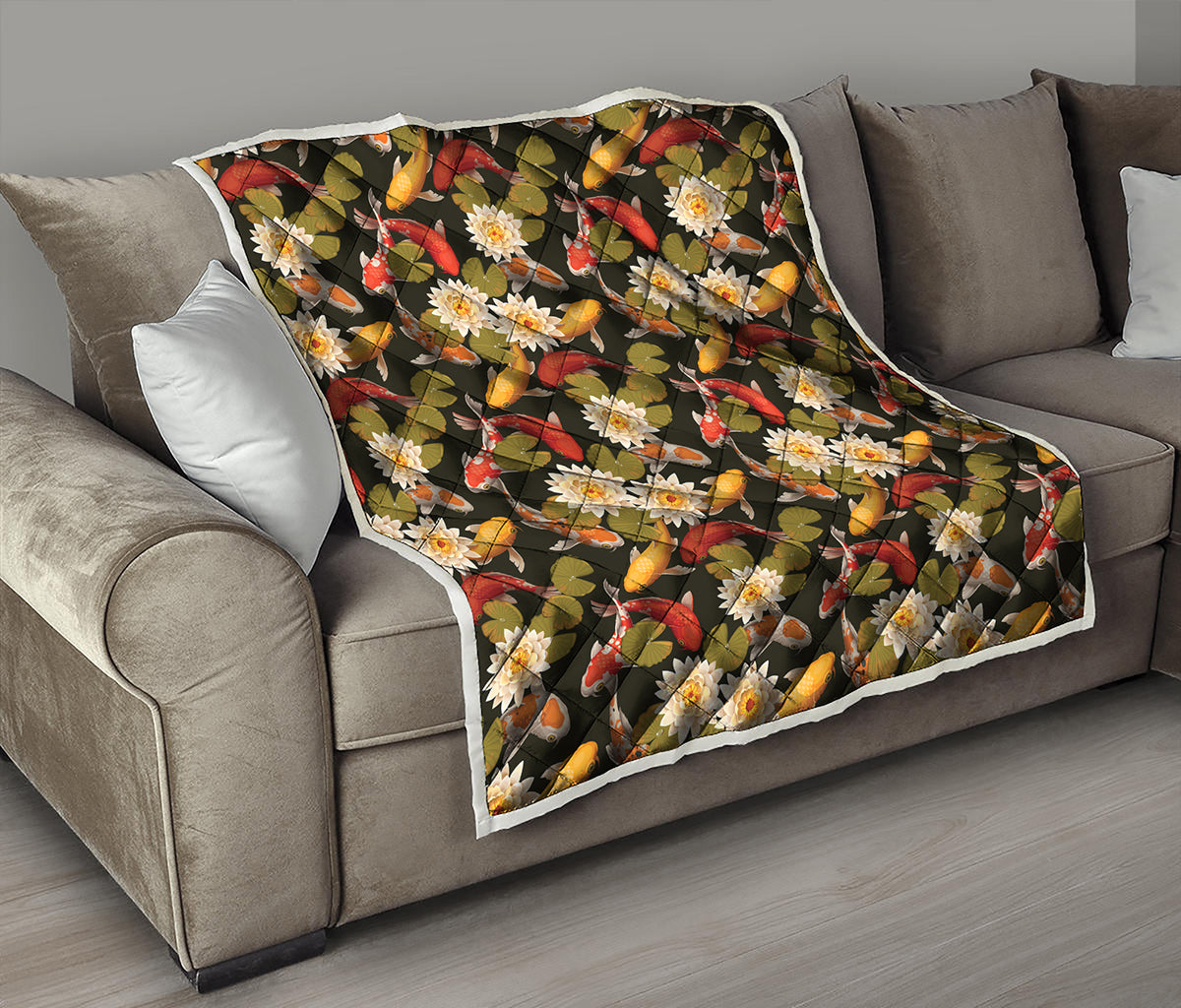 Koi Carp And Lotus Pattern Print Quilt
