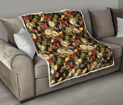 Koi Carp And Lotus Pattern Print Quilt